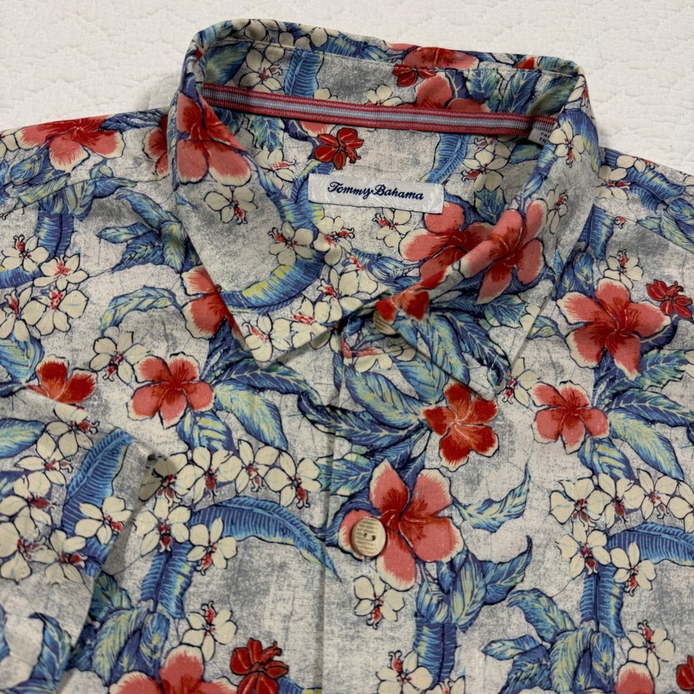 Tommy Bahama IslandZone Mens Shirt XL Silk Coolmax Poly Floral Hibiscus Blue EUC